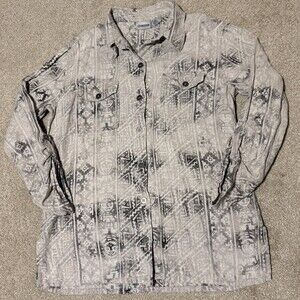 Chicos Womens 100% Linen Button Up Shirt Roll Tab Sleeve Aztec Print Beige, Sz M